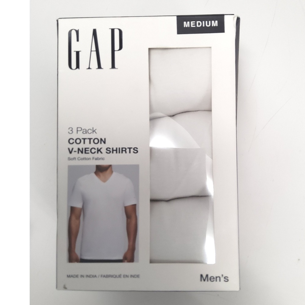 GAP V-Neck T-Shirts Mens Medium White 3 Pack Soft Comfort Undershirt Cotton NWT - Picture 2 of 5